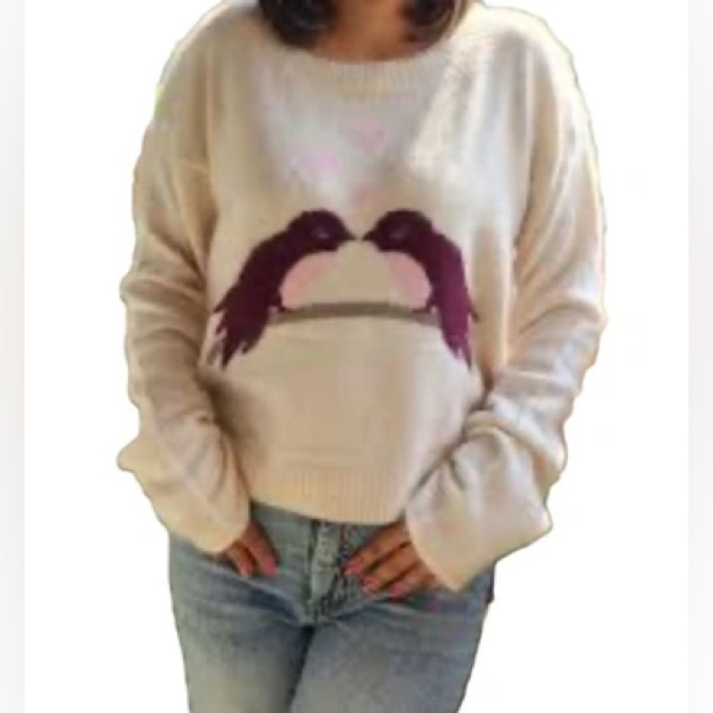 H&M Cream Sweater with Purple Bird Design/ in Angora Blend size 10